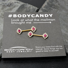 Load image into Gallery viewer, 14G 9/16 Clear Pink Gem Gold Tone Open Eye Barbell Nipple Ring Set
