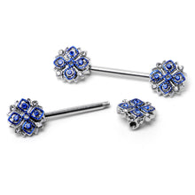 Load image into Gallery viewer, 14G 9/16 Clear Blue Gem Embellished Cross Barbell Nipple Ring Set
