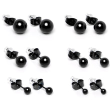 Load image into Gallery viewer, 3mm-8mm Ball Stud Black 316L Stainless Steel Earrings 6 Pack
