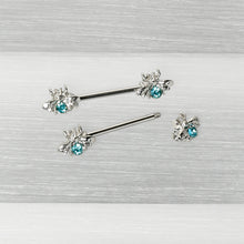 Load image into Gallery viewer, 14G 9/16 Blue Gem Bee Beautiful Insect Barbell Nipple Ring Set
