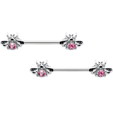 将图片加载到图库查看器，14G 9/16 Pink Gem Bee Beautiful Insect Barbell Nipple Ring Set

