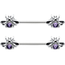 Load image into Gallery viewer, 14G 9/16 Purple Gem Bee Beautiful Insect Barbell Nipple Ring Set
