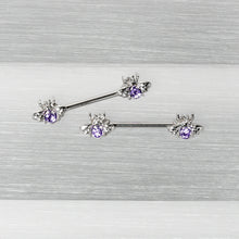 Load image into Gallery viewer, 14G 9/16 Purple Gem Bee Beautiful Insect Barbell Nipple Ring Set
