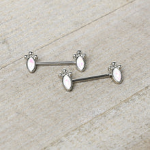 Load image into Gallery viewer, 14G 9/16 White Faux Opal Deco Ovals Barbell Nipple Ring Set
