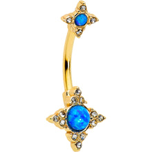 Load image into Gallery viewer, Blue Synthetic Opal Gold Tone Rhombus Duo Double Mount Belly Ring
