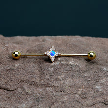 Load image into Gallery viewer, 14G Blue Synthetic Opal Gold Tone Rhombus Industrial Barbell 38mm
