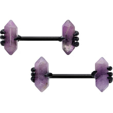 Load image into Gallery viewer, 14G 9/16 Purple Amethyst Black Claw Obelisk Barbell Nipple Ring Set
