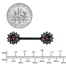 Load image into Gallery viewer, 14G 9/16 Clear Gem Black Midnight Flower Barbell Nipple Ring Set

