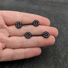 Load image into Gallery viewer, 14G 9/16 Clear Gem Black Midnight Flower Barbell Nipple Ring Set
