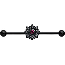 Load image into Gallery viewer, 14G Clear Pink Gem Black Midnight Flower Industrial Barbell 38mm
