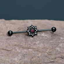 Load image into Gallery viewer, 14G Clear Pink Gem Black Midnight Flower Industrial Barbell 38mm
