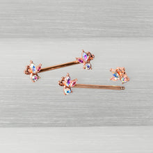 Load image into Gallery viewer, 14G 5/8 Aurora CZ Gem Rosy Hue Fleur de Lis Butterfly Barbell Nipple Ring Set
