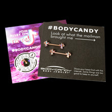 Load image into Gallery viewer, 14G 5/8 Aurora CZ Gem Rosy Hue Fleur de Lis Butterfly Barbell Nipple Ring Set
