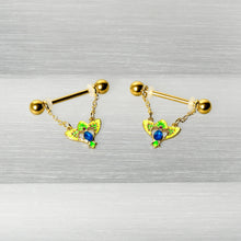 Load image into Gallery viewer, 14G 9/16 Blue Gem Gold Hue Tropic Fan Chain Dangle Nipple Ring Set
