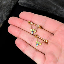 Load image into Gallery viewer, 14G 9/16 Blue Gem Gold Hue Tropic Fan Chain Dangle Nipple Ring Set
