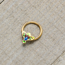Load image into Gallery viewer, 16G 3/8 Blue Gem Gold Tone Tropic Fan Hinged Segment Ring
