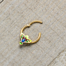 Load image into Gallery viewer, 16G 3/8 Blue Gem Gold Tone Tropic Fan Hinged Segment Ring
