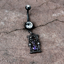 Load image into Gallery viewer, Clear Purple Gem Black Goth Heart Skulls Hourglass Dangle Belly Ring
