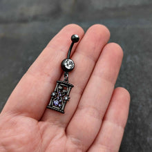 Load image into Gallery viewer, Clear Purple Gem Black Goth Heart Skulls Hourglass Dangle Belly Ring
