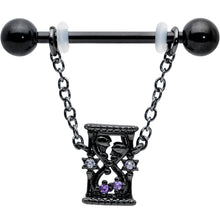将图片加载到图库查看器，14G 5/8 Purple Gem Black Goth Hourglass Chain Dangle Nipple Ring Set

