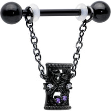 将图片加载到图库查看器，14G 5/8 Purple Gem Black Goth Hourglass Chain Dangle Nipple Ring Set
