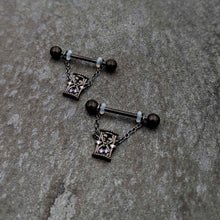 将图片加载到图库查看器，14G 5/8 Purple Gem Black Goth Hourglass Chain Dangle Nipple Ring Set
