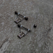 将图片加载到图库查看器，14G 5/8 Purple Gem Black Goth Hourglass Chain Dangle Nipple Ring Set
