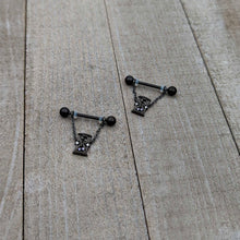 将图片加载到图库查看器，14G 5/8 Purple Gem Black Goth Hourglass Chain Dangle Nipple Ring Set
