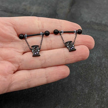 将图片加载到图库查看器，14G 5/8 Purple Gem Black Goth Hourglass Chain Dangle Nipple Ring Set
