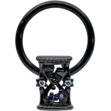 Load image into Gallery viewer, 16G 3/8 Purple Gem Black Heart Goth Hourglass Hinged Segment Ring
