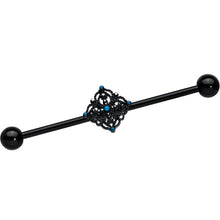 Load image into Gallery viewer, 14G Blue Gem Black Lacy Rhombus Industrial Barbell 38mm
