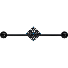 Load image into Gallery viewer, 14G Blue Gem Black Lacy Rhombus Industrial Barbell 38mm

