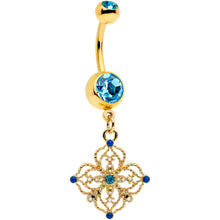 将图片加载到图库查看器，Blue Gem Gold Tone Texture Emblem Dangle Belly Ring
