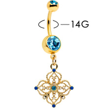 将图片加载到图库查看器，Blue Gem Gold Tone Texture Emblem Dangle Belly Ring
