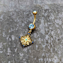 将图片加载到图库查看器，Blue Gem Gold Tone Texture Emblem Dangle Belly Ring

