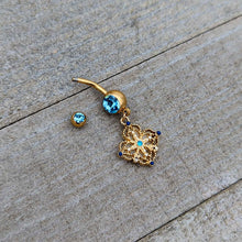 将图片加载到图库查看器，Blue Gem Gold Tone Texture Emblem Dangle Belly Ring
