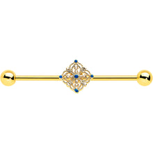 Load image into Gallery viewer, 14G Blue Gem Gold Tone Texture Emblem Industrial Barbell 38mm
