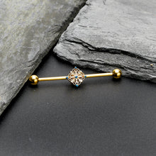 Load image into Gallery viewer, 14G Blue Gem Gold Tone Texture Emblem Industrial Barbell 38mm
