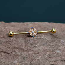 Load image into Gallery viewer, 14G Blue Gem Gold Tone Texture Emblem Industrial Barbell 38mm
