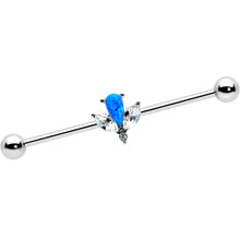 Load image into Gallery viewer, 14G Blue Faux Opal Style Flower Industrial Barbell 38mm
