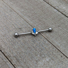 Load image into Gallery viewer, 14G Blue Faux Opal Style Flower Industrial Barbell 38mm
