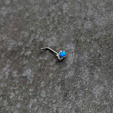 Load image into Gallery viewer, 20G 1/4 Blue Synthetic Opal Style Flower L Shape Nose Ring
