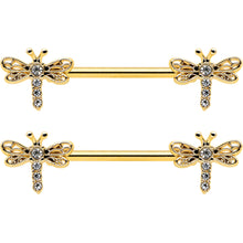 Load image into Gallery viewer, 14G 9/16 Clear Gem Gold Tone Flying Dragonfly Nipple Ring Set
