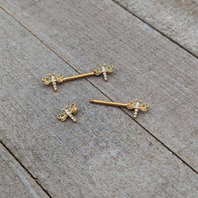 Load image into Gallery viewer, 14G 9/16 Clear Gem Gold Tone Flying Dragonfly Nipple Ring Set
