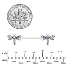 Load image into Gallery viewer, 14G 9/16 Aurora Gem Ornate Dragonflies Barbell Nipple Ring Set

