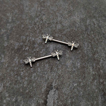 Load image into Gallery viewer, 14G 9/16 Aurora Gem Ornate Dragonflies Barbell Nipple Ring Set
