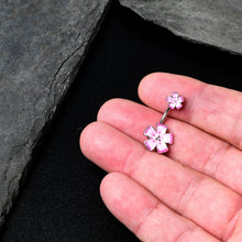 Load image into Gallery viewer, Pink Flower Textured Center Double Mount Belly Ring
