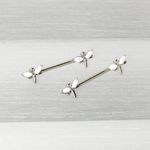 Load image into Gallery viewer, 14G 5/8 White Faux Opal Styled Dragonfly Barbell Nipple Ring Set

