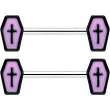 Load image into Gallery viewer, 14G 9/16 Creepy Coffin Lt Purple Glow in the Dark Nipple Ring Set
