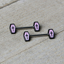 Load image into Gallery viewer, 14G 9/16 Creepy Coffin Lt Purple Glow in the Dark Nipple Ring Set
